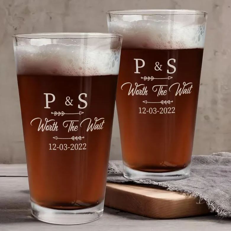 Personalized Worth The Wait Pint Glass | Gift For Wedding Anniversary | Engraved Beer Glass