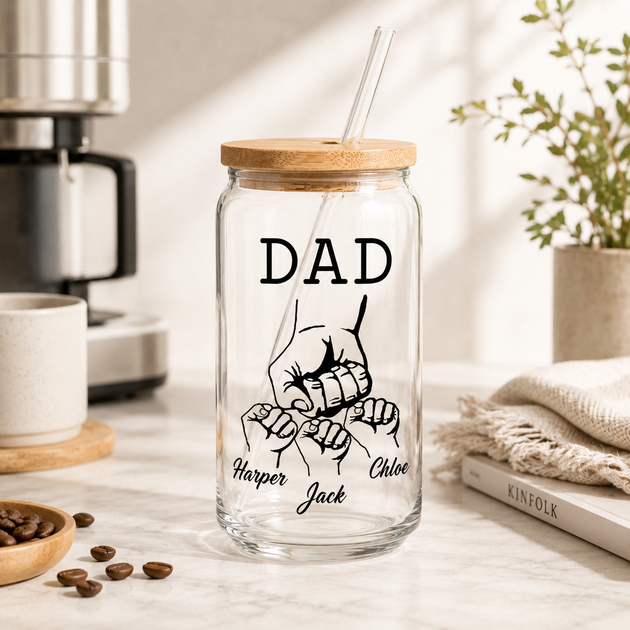Custom Dad Bump Glass 16oz – Personalized Dad Glass Cup with Bamboo Lid & Straw | Gift For Father TOM99