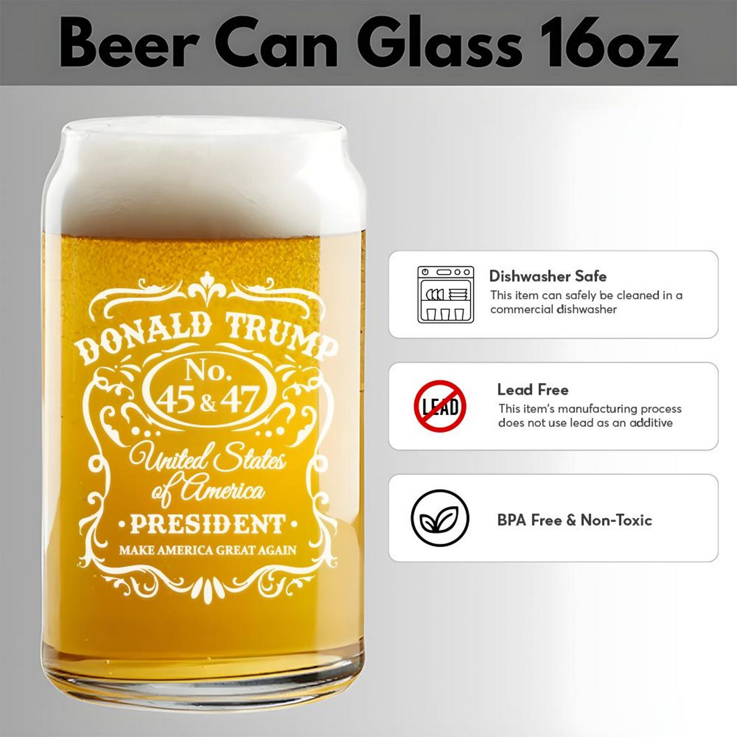President Trump 45 & 47 MAGA Beer Can Glass 16oz | Trump Presidential Pint Glass