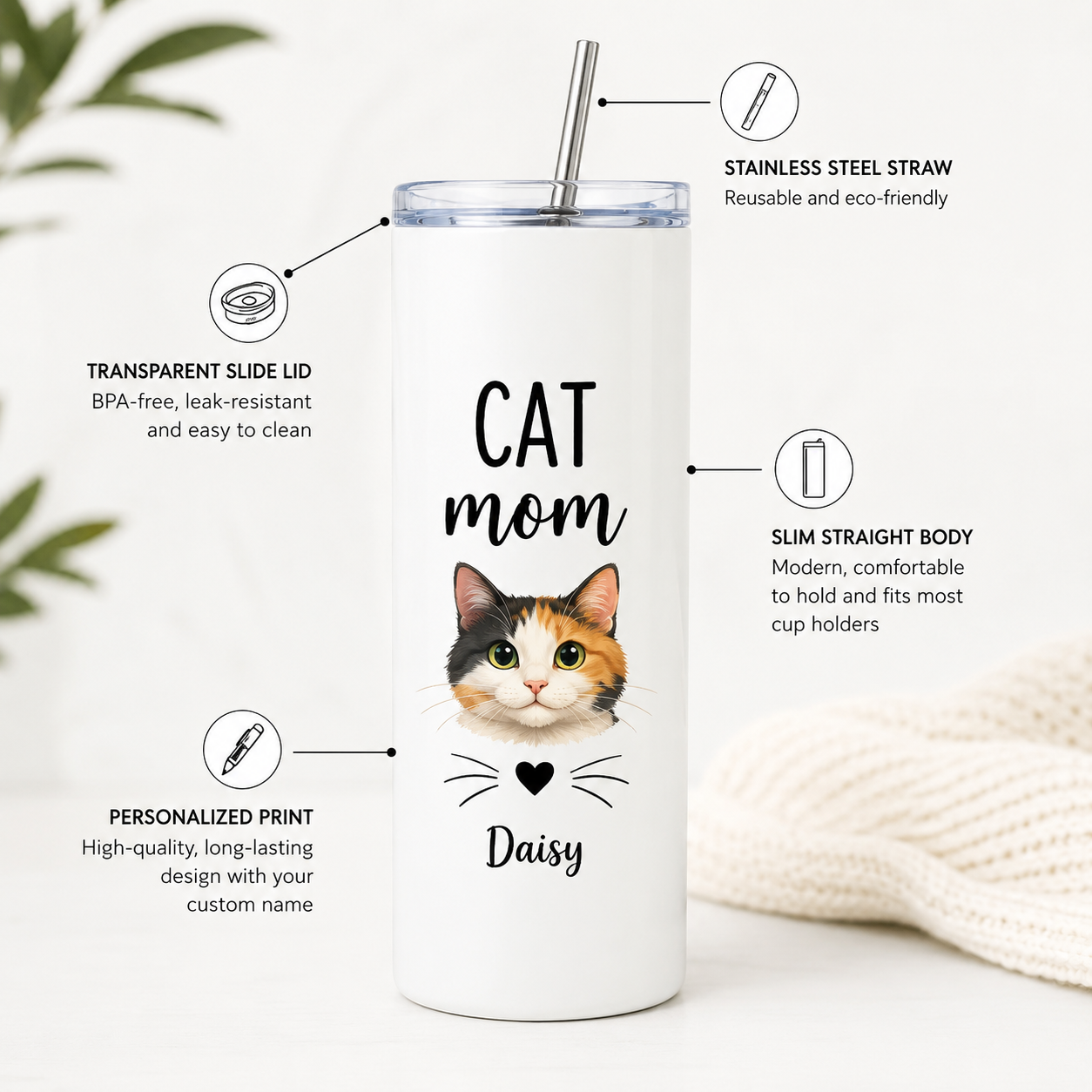 Personalized Photo Cat Mom 20oz Skinny Tumbler – Custom Cat Photo Skinny Tumbler for Woman and Cat Owners TOM99