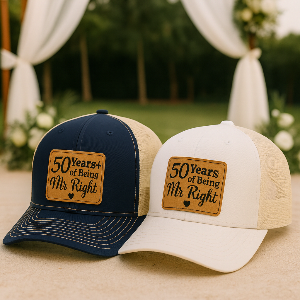 Custom Anniversary Hat – 50 Years of Being Mr. Right Cap, Personalized Gift for Husband, Golden Wedding Hat VHA163
