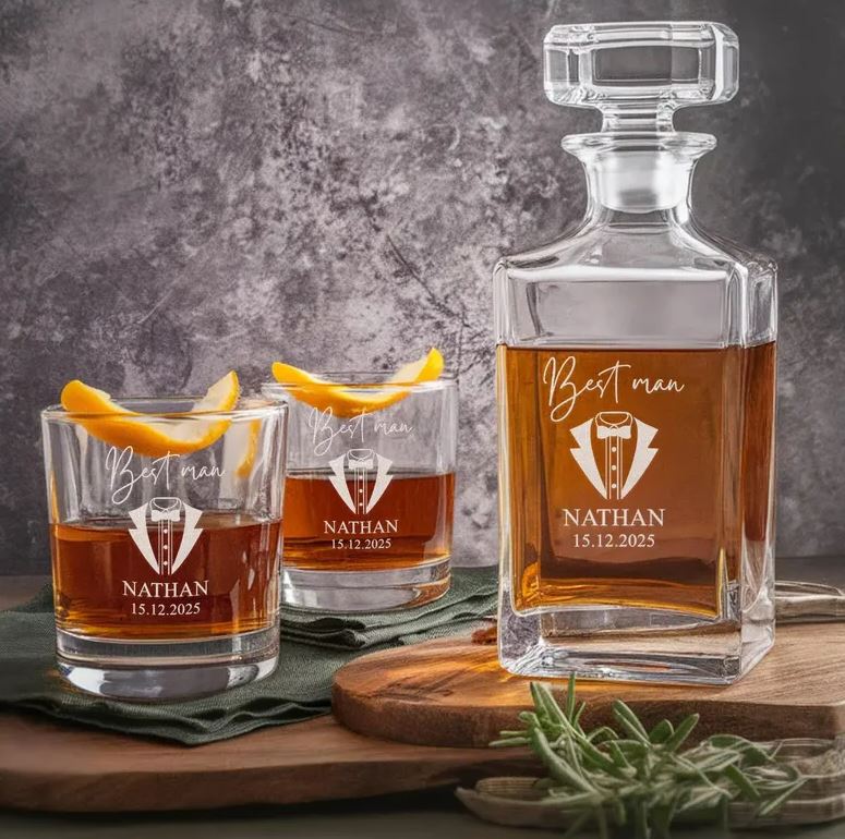 Personalized Custom Name Best Man Whiskey Glass And Decanter Set | Best Gift For Dad | Engraved Whiskey Glass and Decanter