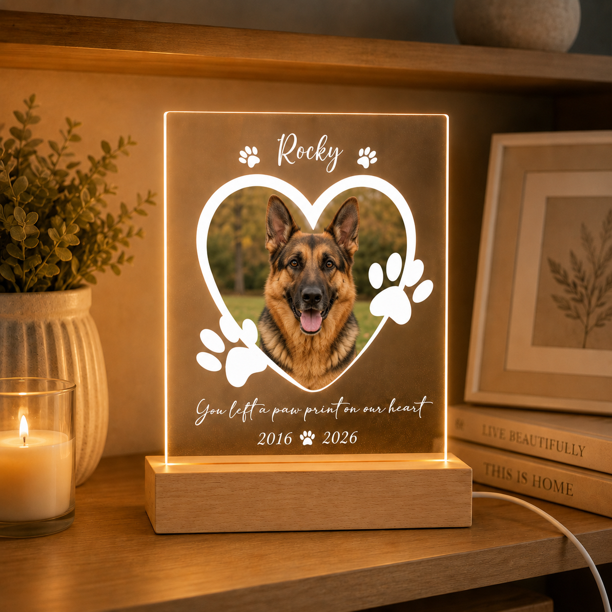 Custom Photo Dog Print On Our Heart Memorial Wooden LED Light | Personalized Dog Photo LED Night Light | Pet Loss Sympathy Gift TOM99