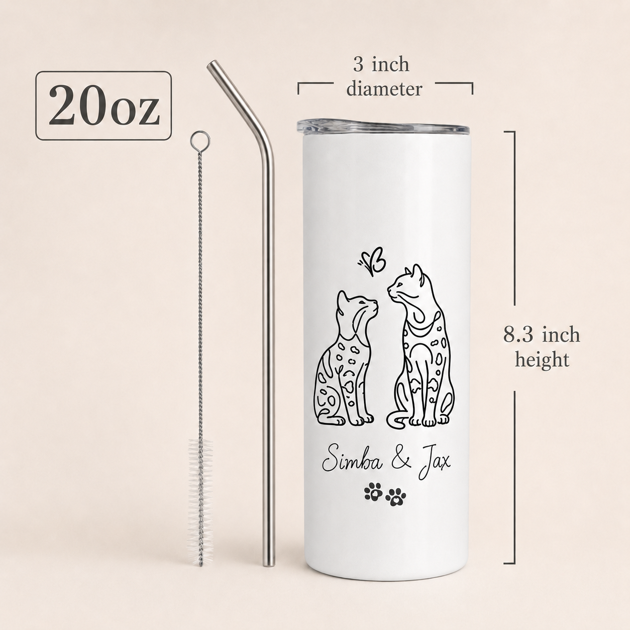 Personalized Photo Two Cats 20oz Skinny Tumbler – Custom Cat Photo Skinny Tumbler for Woman and Cat Owners TOM99