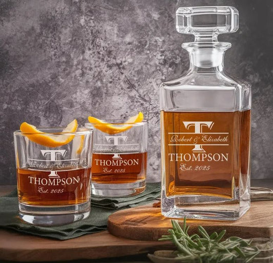 Personalized Couple Name And Year Whiskey Glass And Decanter Set | Best Gift For Couples | Engraved Gift For Couples