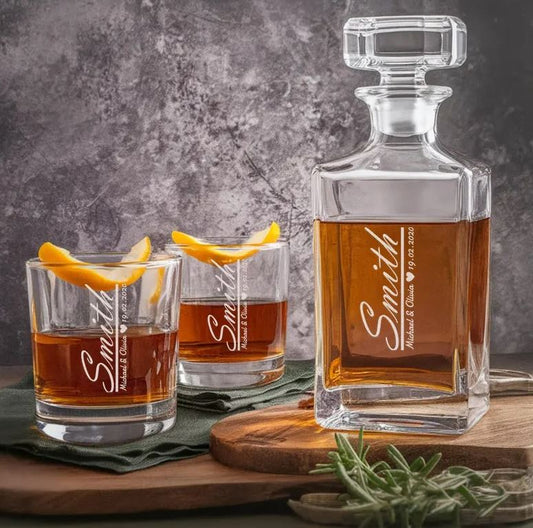 Personalized Custom Couple Name Whiskey Glass And Decanter Set | Best Couple Gifts | Engraved Whiskey Glass and Decanter