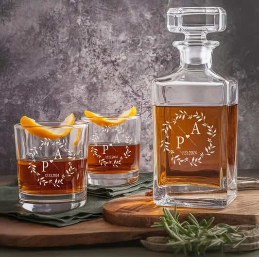 Personalized Couple Name And Date Whiskey Glass And Decanter Set | Best Gift For Anniversary | Engraved Gift For Anniversary