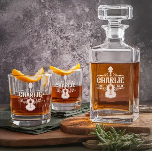 Custom Name And Guitar Logo Whiskey Glass And Decanter Set | Best Gift For Guitar Player | Gift For Music Lover
