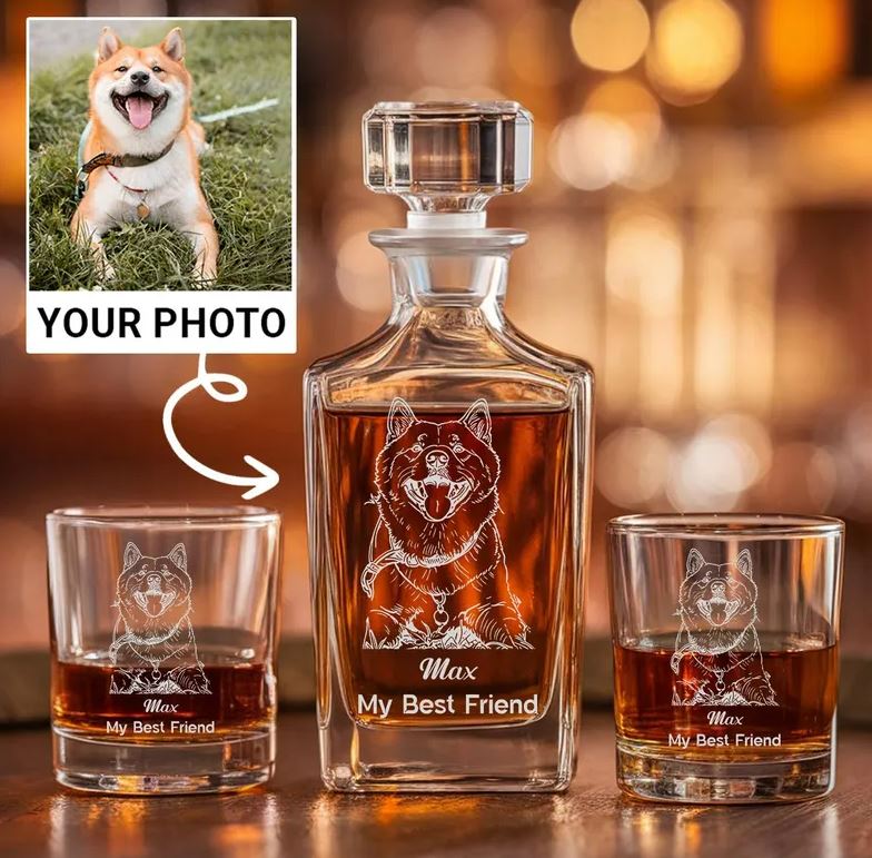 Custom Pet Photo Whiskey Glass And Decanter Set | Custom Photo Gifts | Gift For Dog Lovers