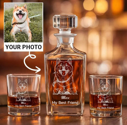 Custom Pet Photo Whiskey Glass And Decanter Set | Custom Photo Gifts | Gift For Dog Lovers