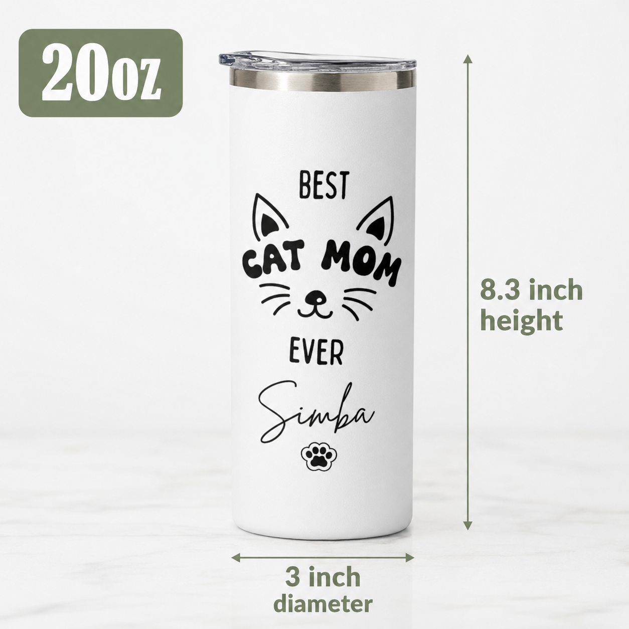 Personalized Best Cat Mom 20oz Skinny Tumbler – Custom Cat Photo Skinny Tumbler For Woman and Cat Owners TOM99