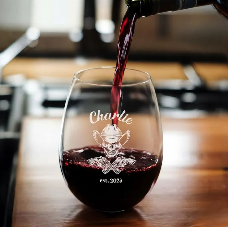 Personalized Logo Cowboy Skull Wine Glass | Custom Name Wine Glass Gifts | Engraved Wine Glass