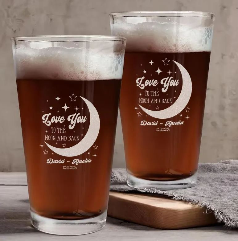 Personalized Love You To The Moon Engraved Beer Glass | Custom Glass For Couples | Engraved Pint Glass Gift