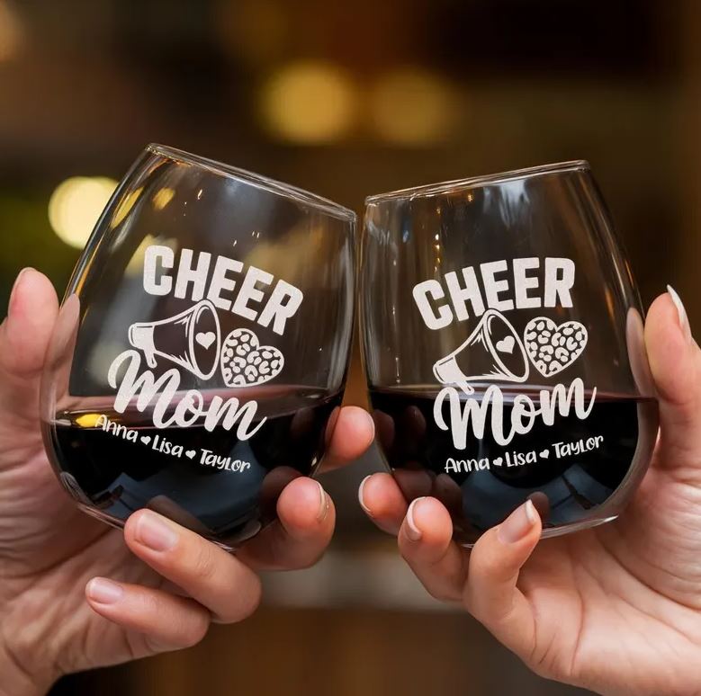 Personalized Cheer Mom Engraved Wine Glass | Custom Gift For Mom | Mother's Day Gift