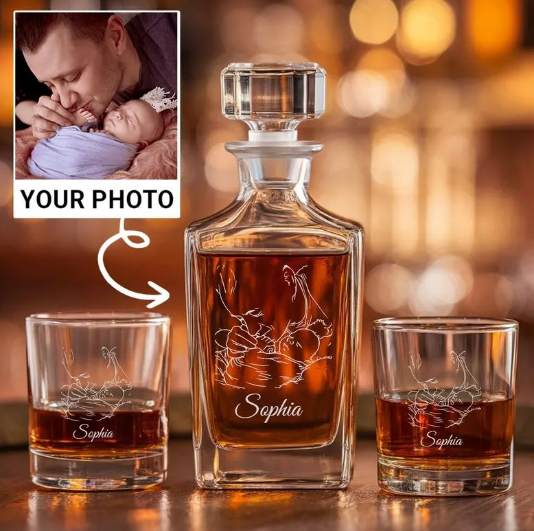 Personalized Dad And Kid Photo Whiskey Glass And Decanter Set | Best Gift For Dad | Engraved Gift For Dad