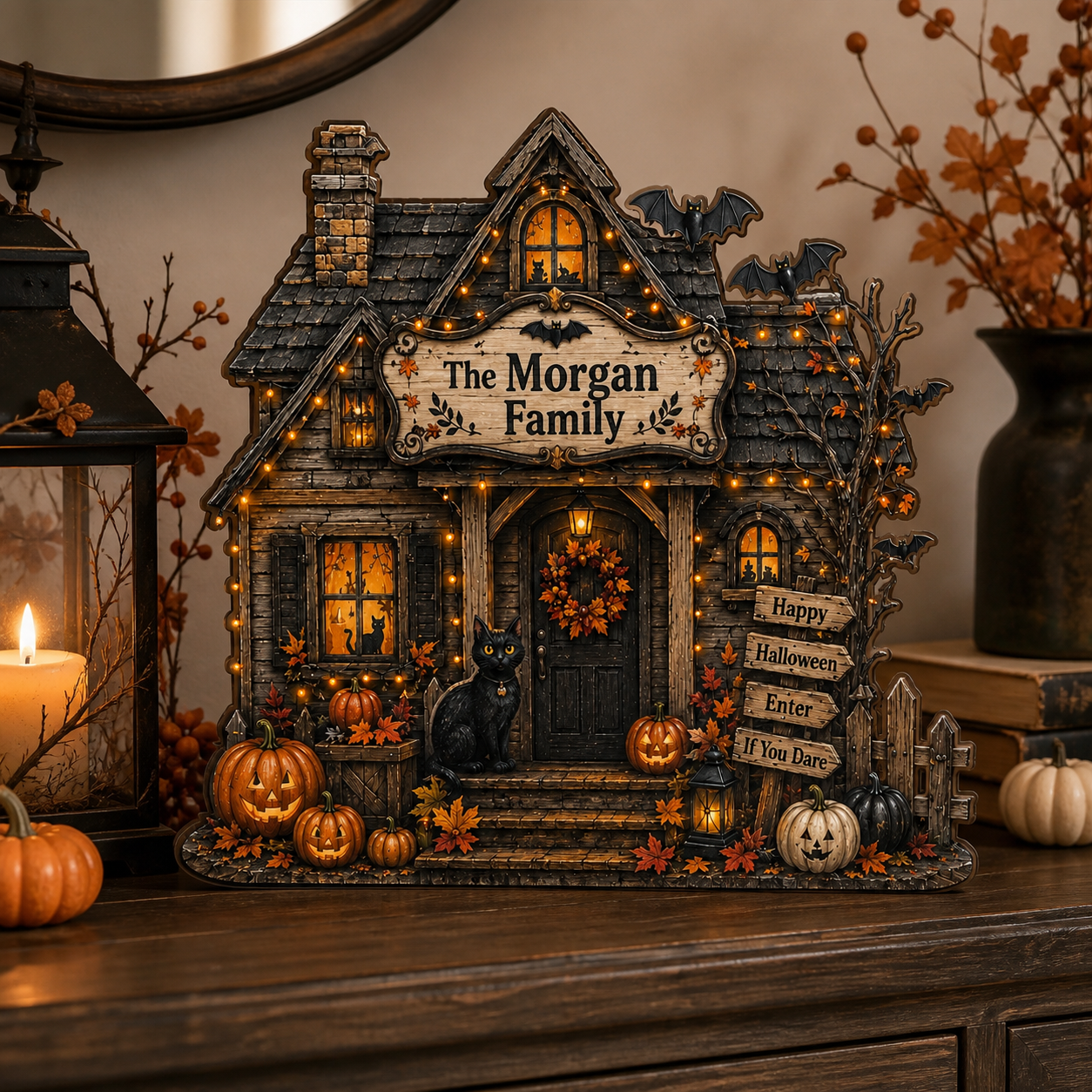 Personalized House Halloween Wood Block 2D Flat, Custom Haunted Sign, Mantel Shelf Decor THUC99