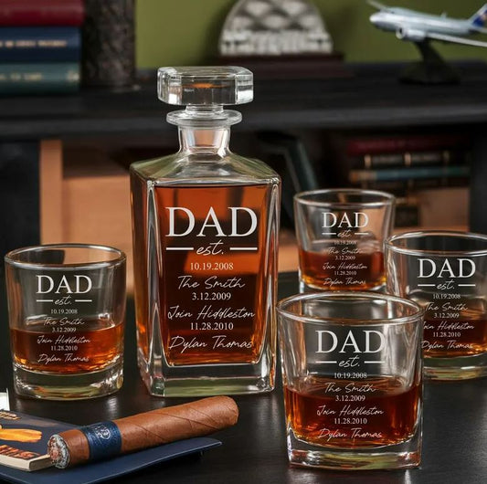 Custom Dad Est Date Whiskey Glass And Decanter Set | Dad Kids Names Whiskey Decanter Set | Best Gift For Dad
