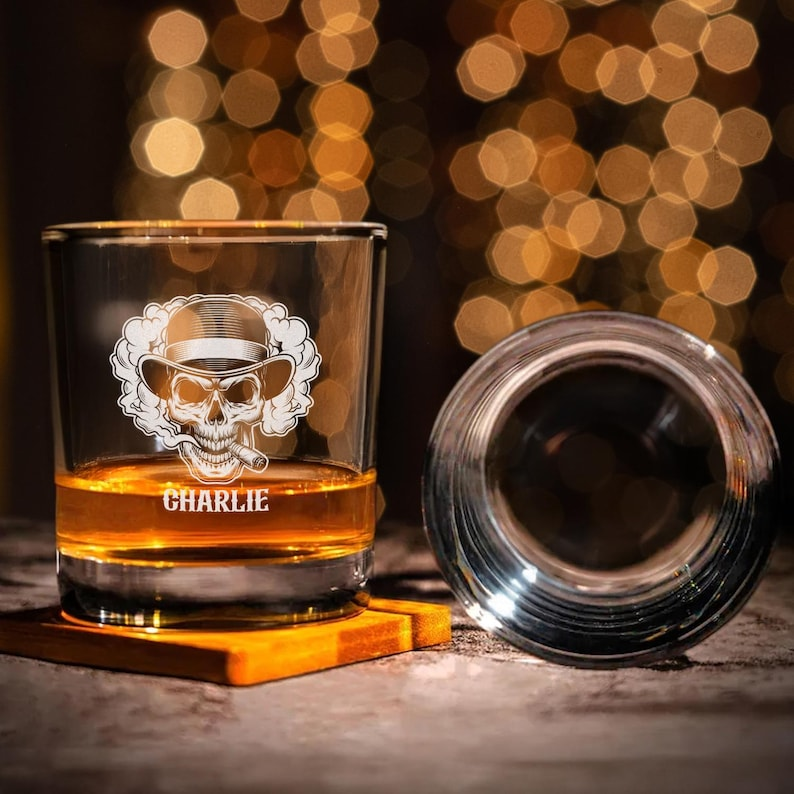 Personalized Name Skull Cigar Decanter Set And Whiskey Glasses | Engraved Whiskey Decanter Set | Gift For Dad