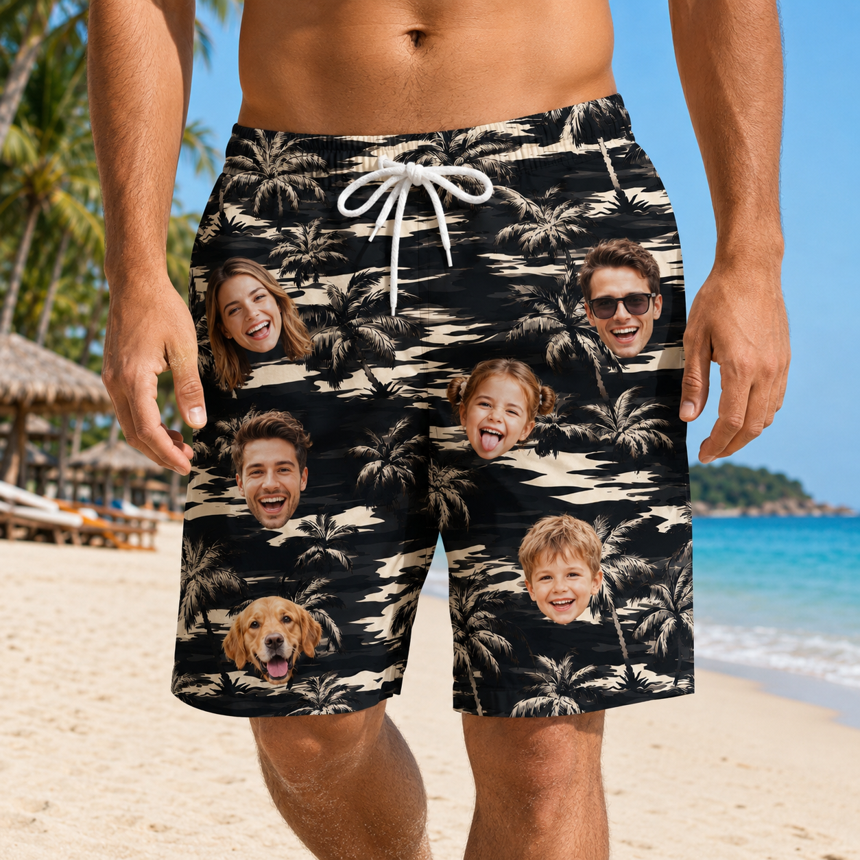 Custom Photo Dad & Son Summer Beach Shorts, Personalized Matching Swim Trunks, Tropical Family Vacation Gift