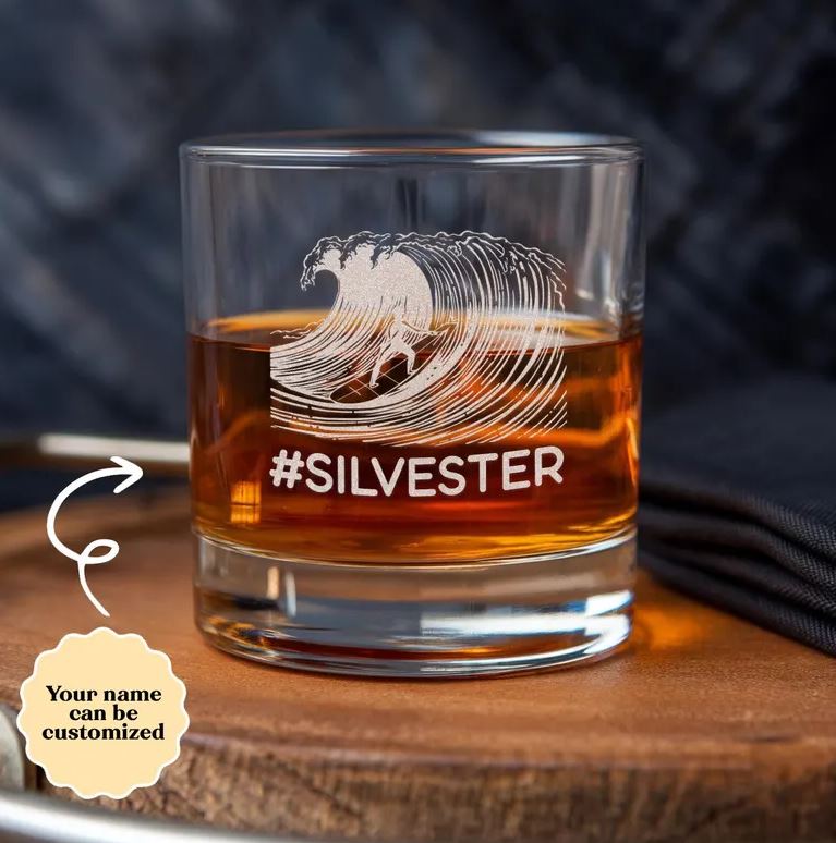 Personalized Surfing Scene Whiskey Glass | Custom Name Engraved Whiskey Glass | Funny Gift For Friend