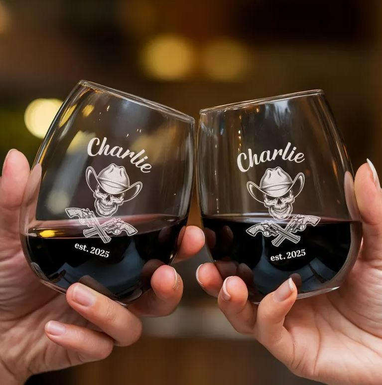Personalized Logo Cowboy Skull Wine Glass | Custom Name Wine Glass Gifts | Engraved Wine Glass