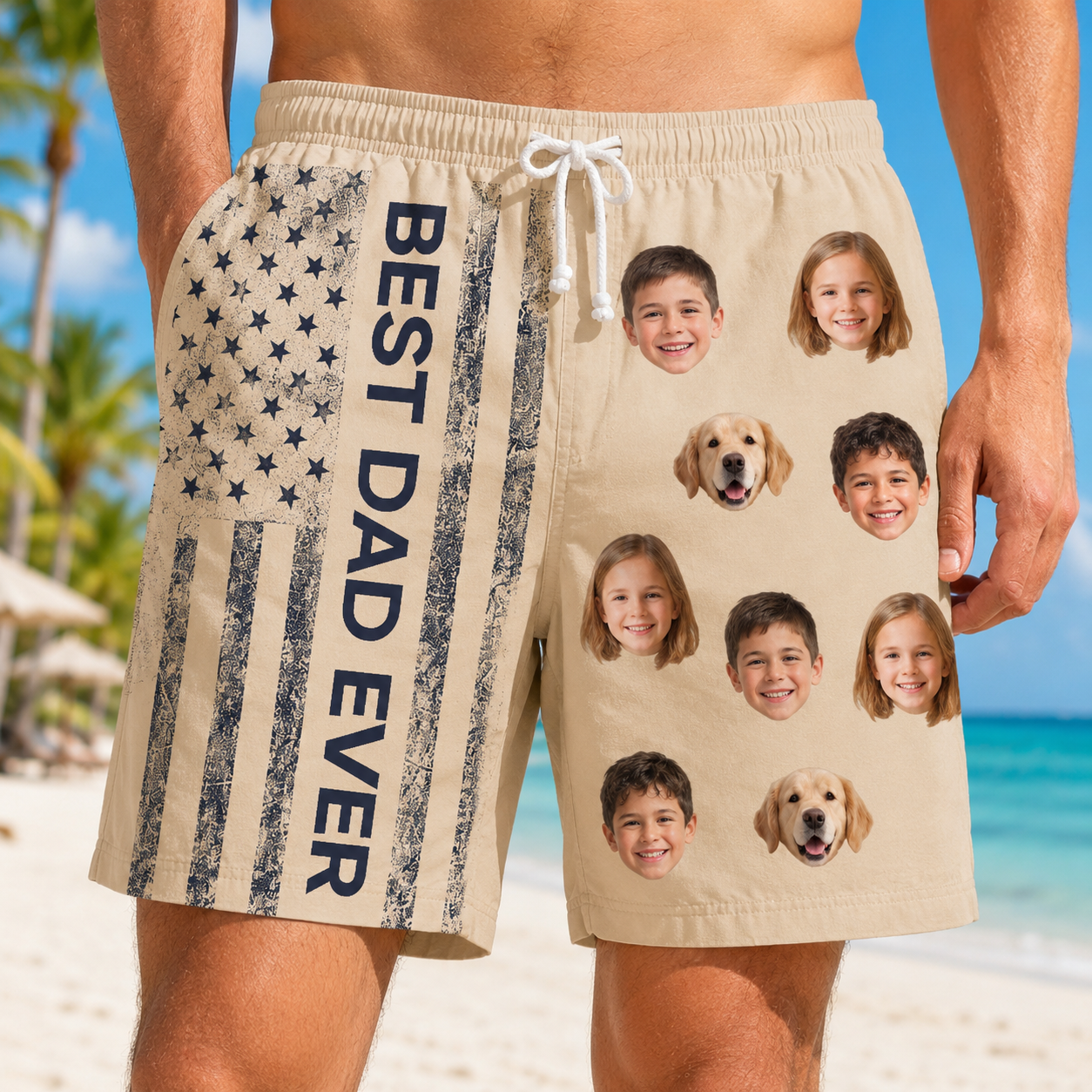 Custom Photo Best Dad US Summer Beach Shorts, Personalized Matching Swim Trunks, Tropical Family Vacation Gift