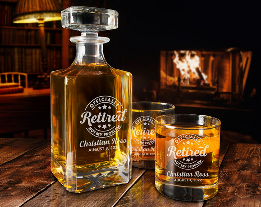 Officially Retired Whiskey Decanter Set With Whiskey Glasses | Gift for Retirement