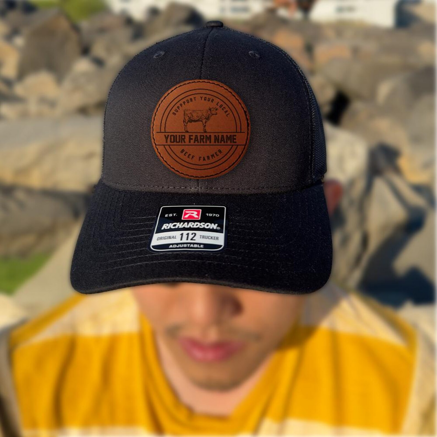 Personalized Farm Name Trucker Hat | Leather Patch Hat | Gift Idea For Farmer