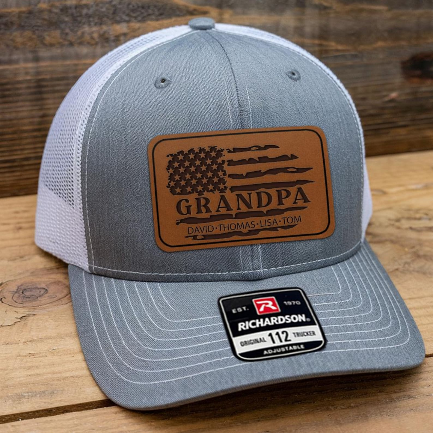 Custom Name Grandpa American Flag Trucker Hat | Leather Patch Hat | Gift Idea For Grandpa