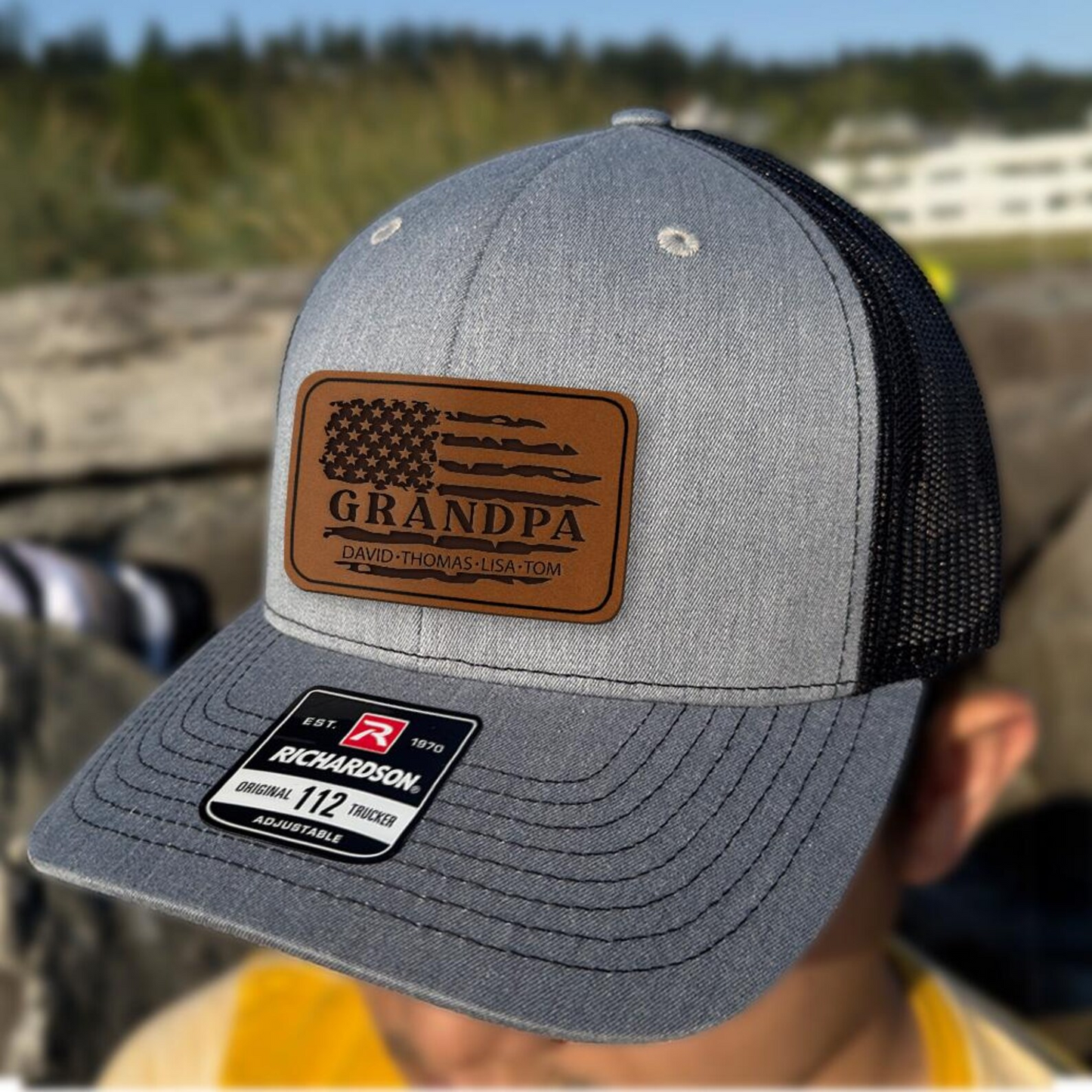 Custom Name Grandpa American Flag Trucker Hat | Leather Patch Hat | Gift Idea For Grandpa