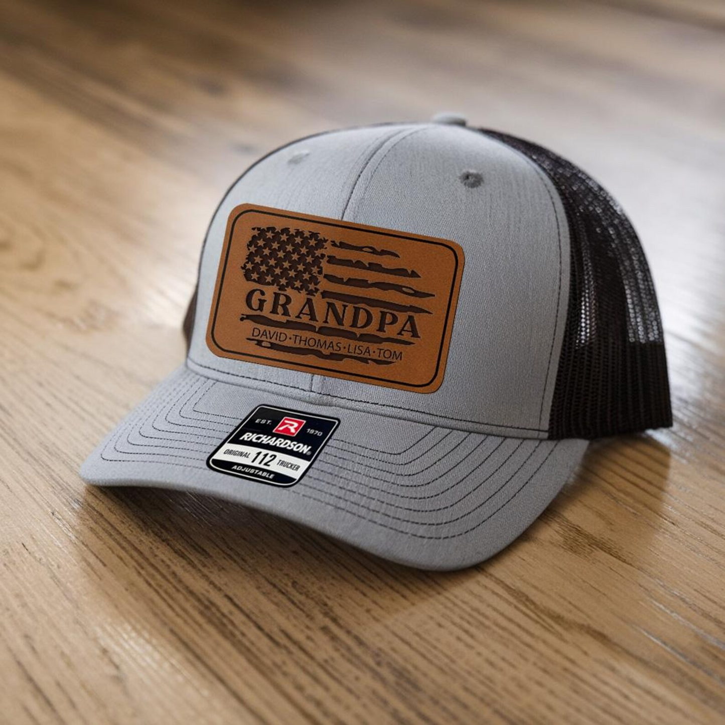 Custom Name Grandpa American Flag Trucker Hat | Leather Patch Hat | Gift Idea For Grandpa