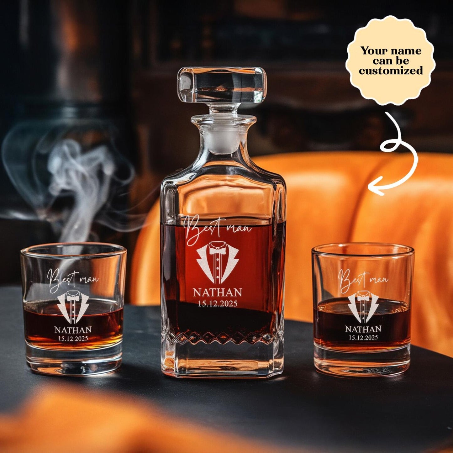Personalized Custom Name Best Man Whiskey Glass And Decanter Set | Best Gift For Dad | Engraved Whiskey Glass and Decanter