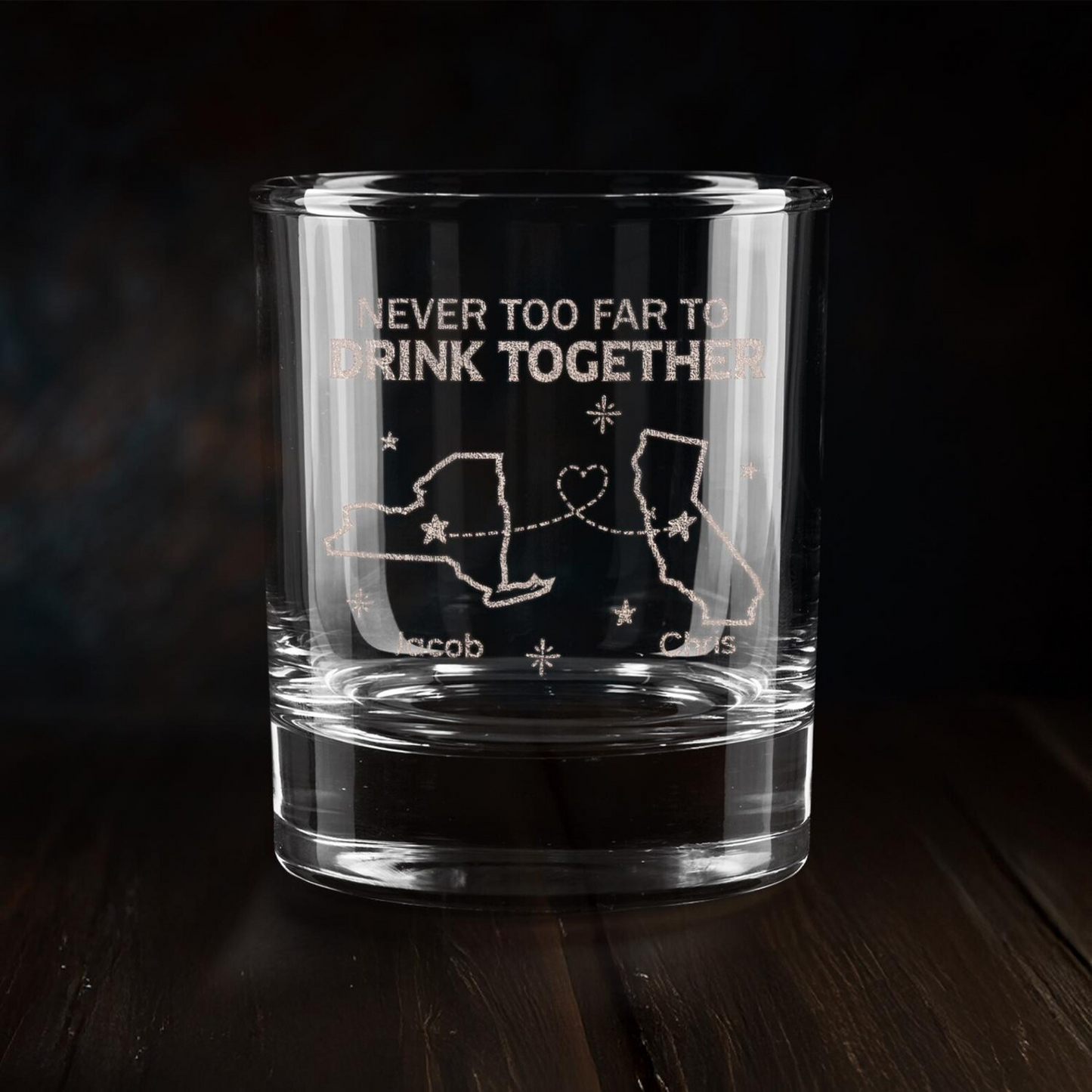 Personalized Never Too Far To Drink Together Whiskey Glass | Gift For Friends