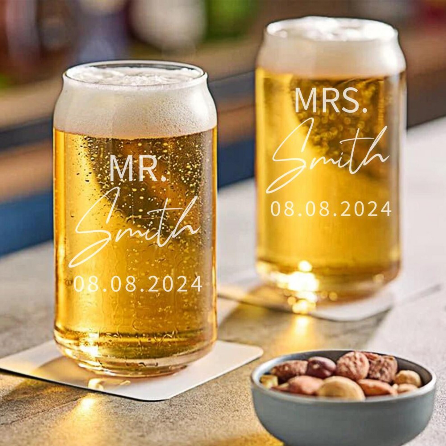 Personalized Mr And Mrs Beer Can Glass | Custom Name And Date Wedding Glasses | Gift For Couple