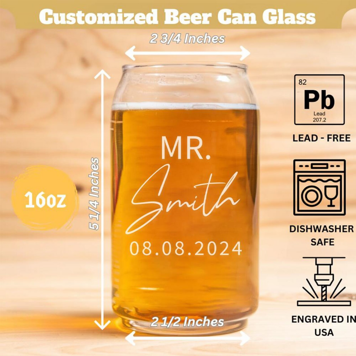 Personalized Mr And Mrs Beer Can Glass | Custom Name And Date Wedding Glasses | Gift For Couple