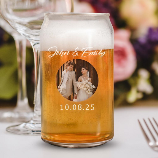 Personalized Wedding Photo Beer Can Glass | Custom Name And Date Wedding Glasses | Gift For Couple