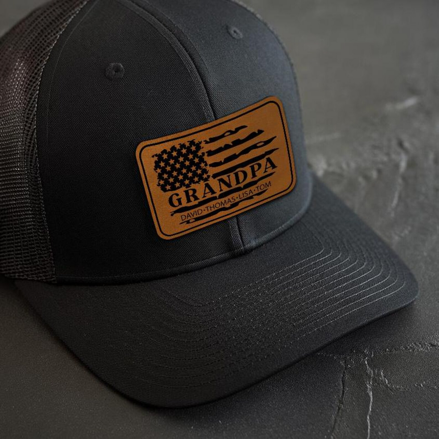 Custom Name Grandpa American Flag Trucker Hat | Leather Patch Hat | Gift Idea For Grandpa