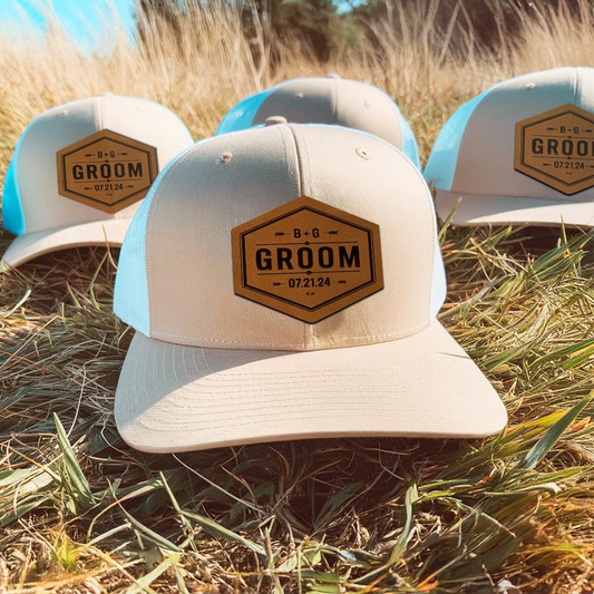 Custom Wedding Hat For Groom | Trucker Hat | Leather Patch Hat | Personalized Groom Hat