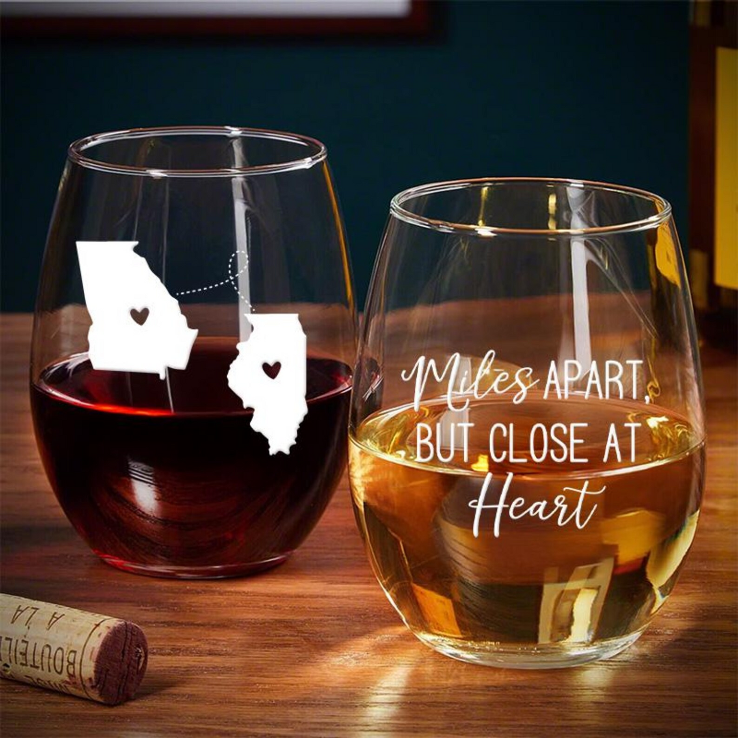 Custom State Miles Apart But Close at Heart Engraved Wine Glass | Gift For Wine Lover | Gift For Couples