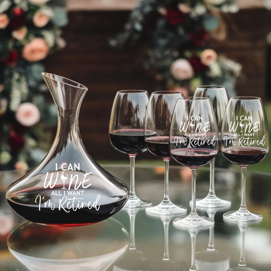 I Can Wine All I Want I'm Retired Tallo Wine Glass And Decanter Set | Funny Wine Decanter Glass | Retirement Gift For Women Or Men
