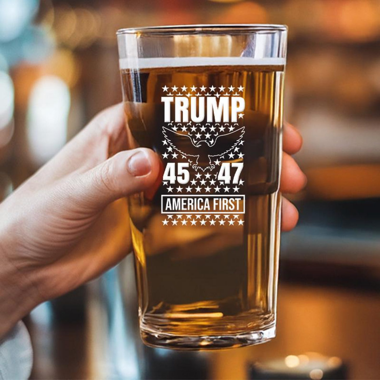 Trump 45/47 Pint Glass | America First Engraved Beer Glass | Patriotic Gift For Trump Supporters