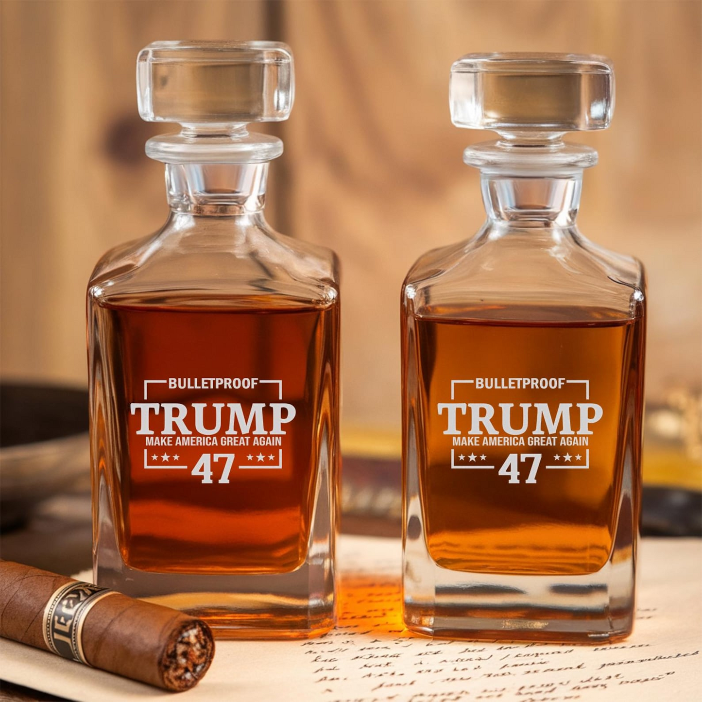 Trump Bulletproof Decanter & Whiskey Glass Set | Engraved Whiskey Decanter | Gift For Trump Supporters