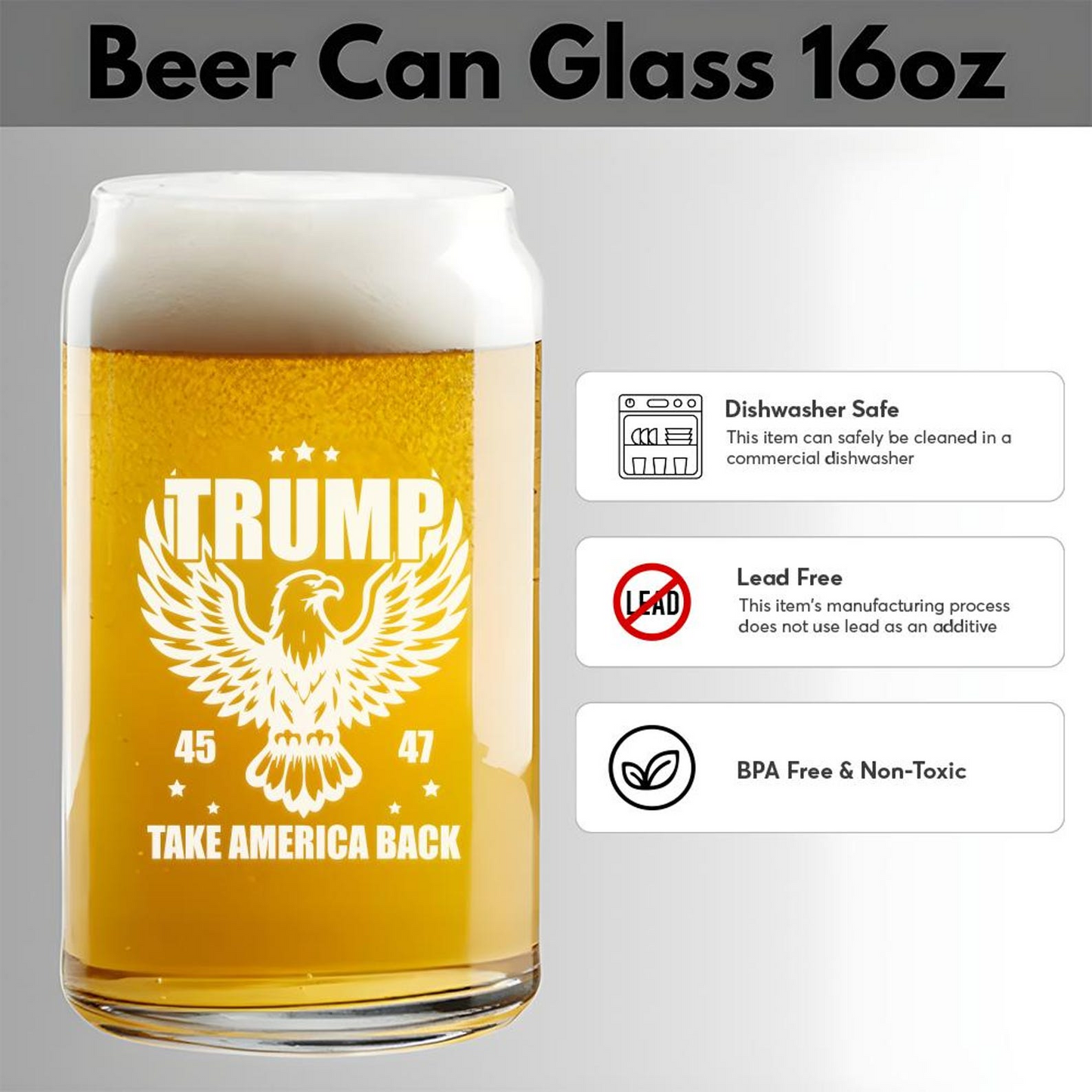 Trump 45 47 Eagle Beer Can Glass 16oz | Trump Presidential Pint Glass | Patriotic Gift