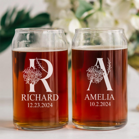Personalized Beer Can Glass With Floral Logo Set | Custom Wedding Glasses | Gift For Wedding