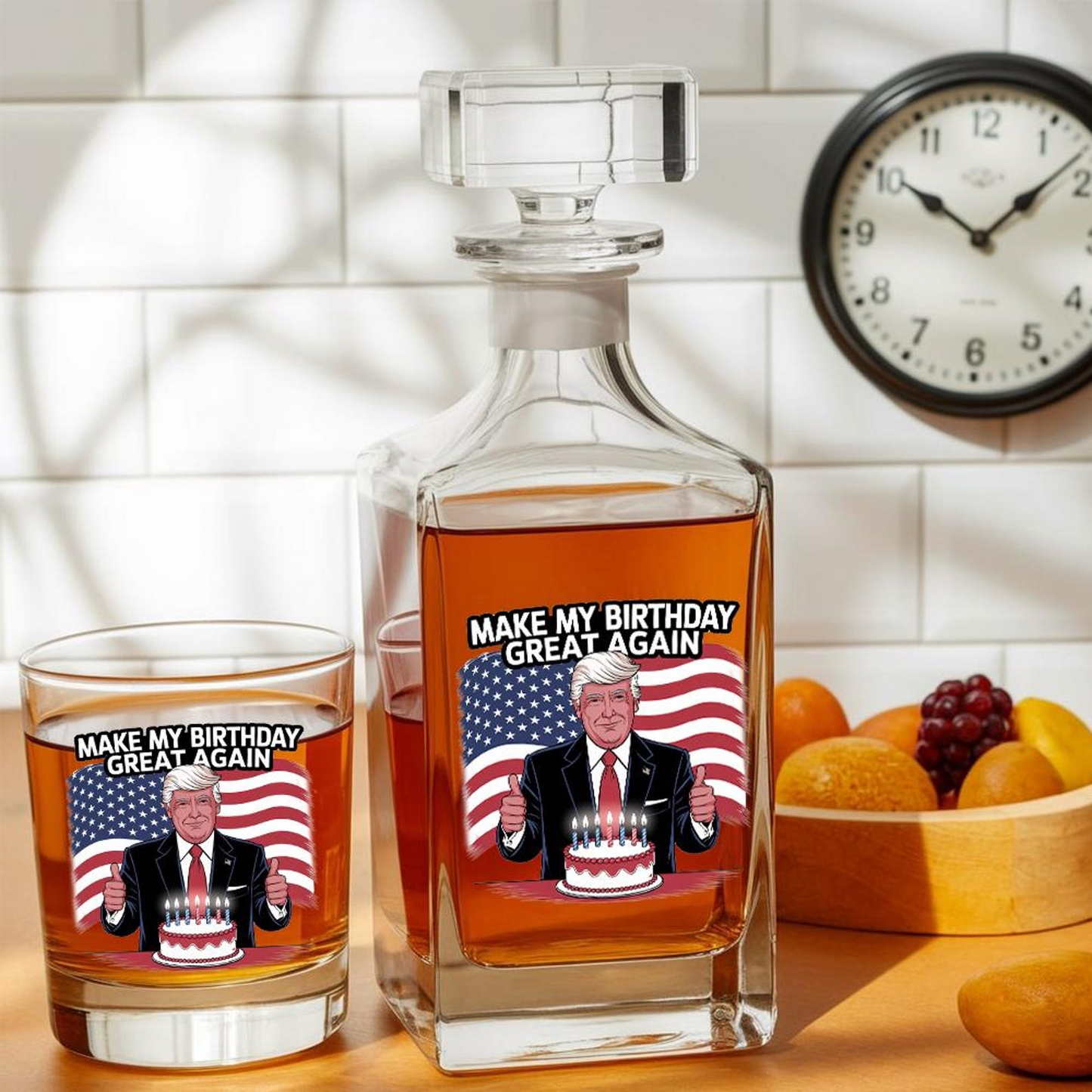 Make My Birthday Great Again Trump Decanter & Whiskey Glass Set | Patriotic Gift | Engraved Whiskey Decanter