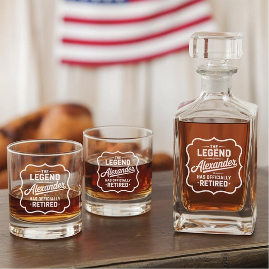 Personalized The Legend Retired Whiskey Decanter Set With Glasses | Retirement Gift | Engraved Whiskey Decanter Set