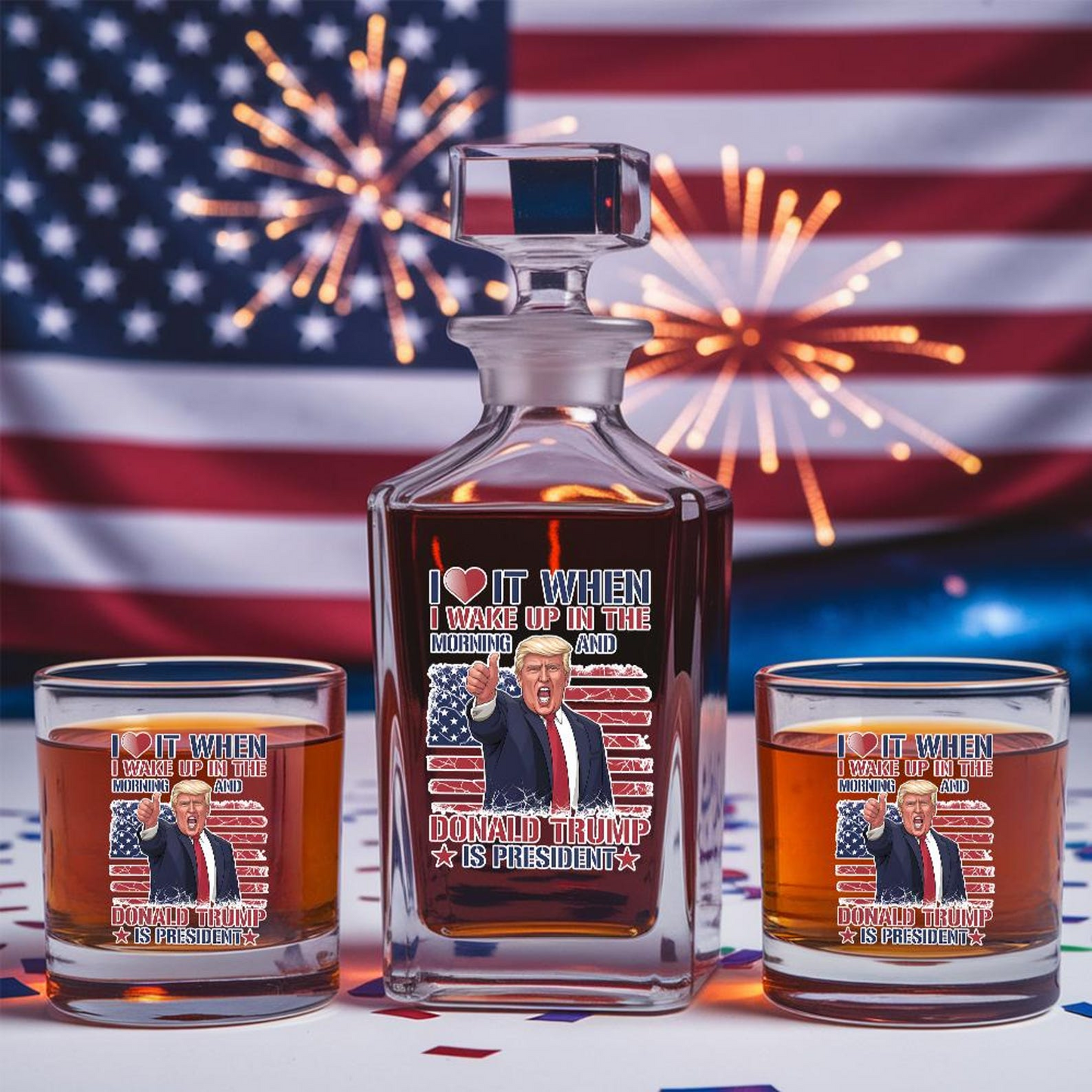 President Trump Decanter & Whiskey Glass Set | Patriotic Gift | Engraved Whiskey Decanter