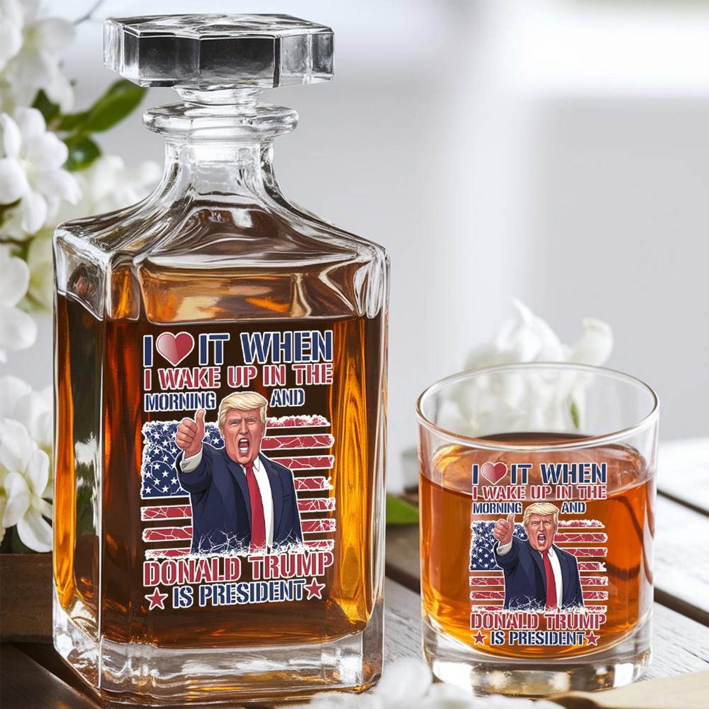 President Trump Decanter & Whiskey Glass Set | Patriotic Gift | Engraved Whiskey Decanter