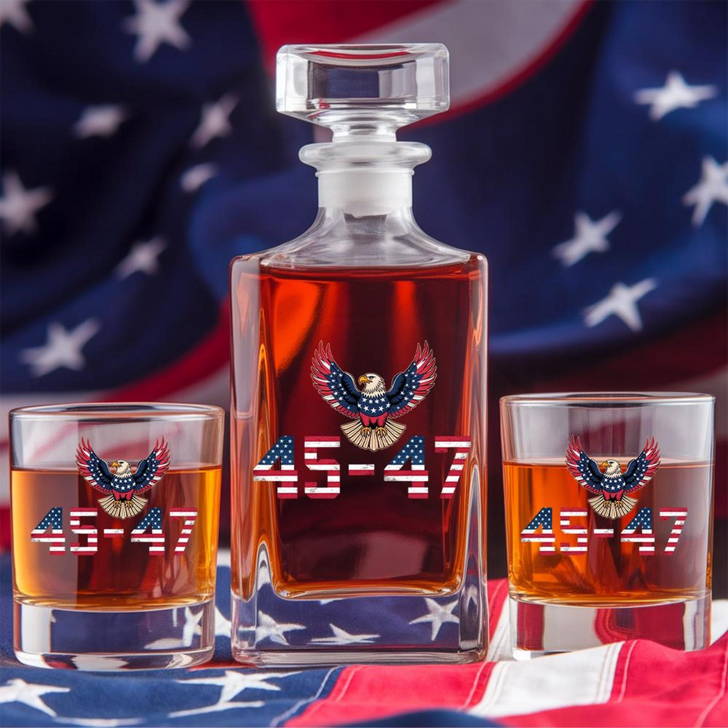 Trump 45 47 American Flag Decanter & Whiskey Glass Set | Patriotic Gift | Engraved Whiskey Decanter