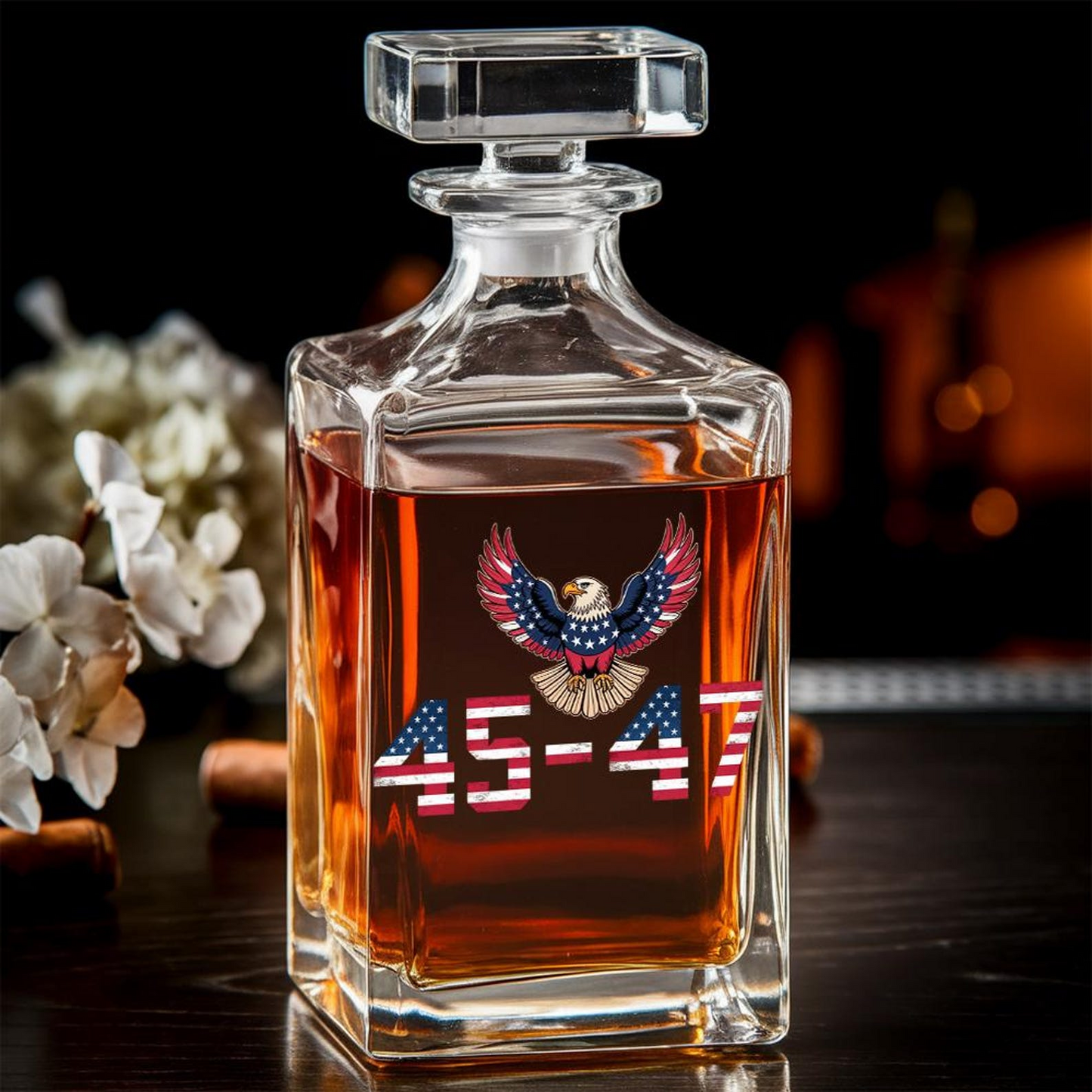 Trump 45 47 American Flag Decanter & Whiskey Glass Set | Patriotic Gift | Engraved Whiskey Decanter